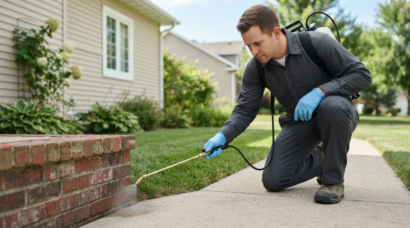 Pest control technician treating a home near Bennington, NH