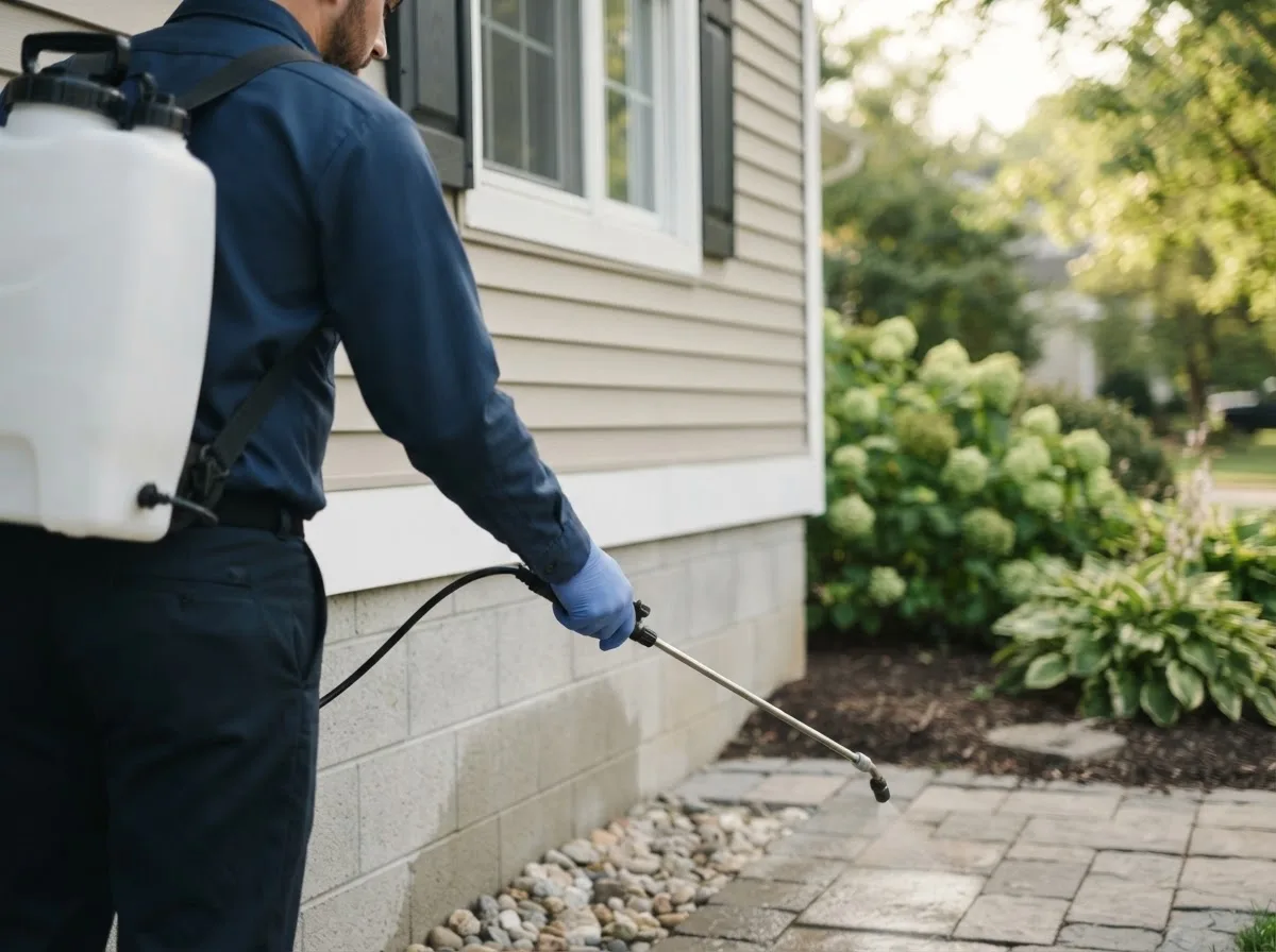 Pest control technician inspecting a home in Bennington, NH